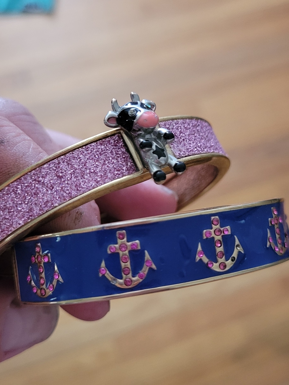 Betsey Johnson Pink Glitter Cow Bangle & Blue Anchor Enamel Bracelet Set